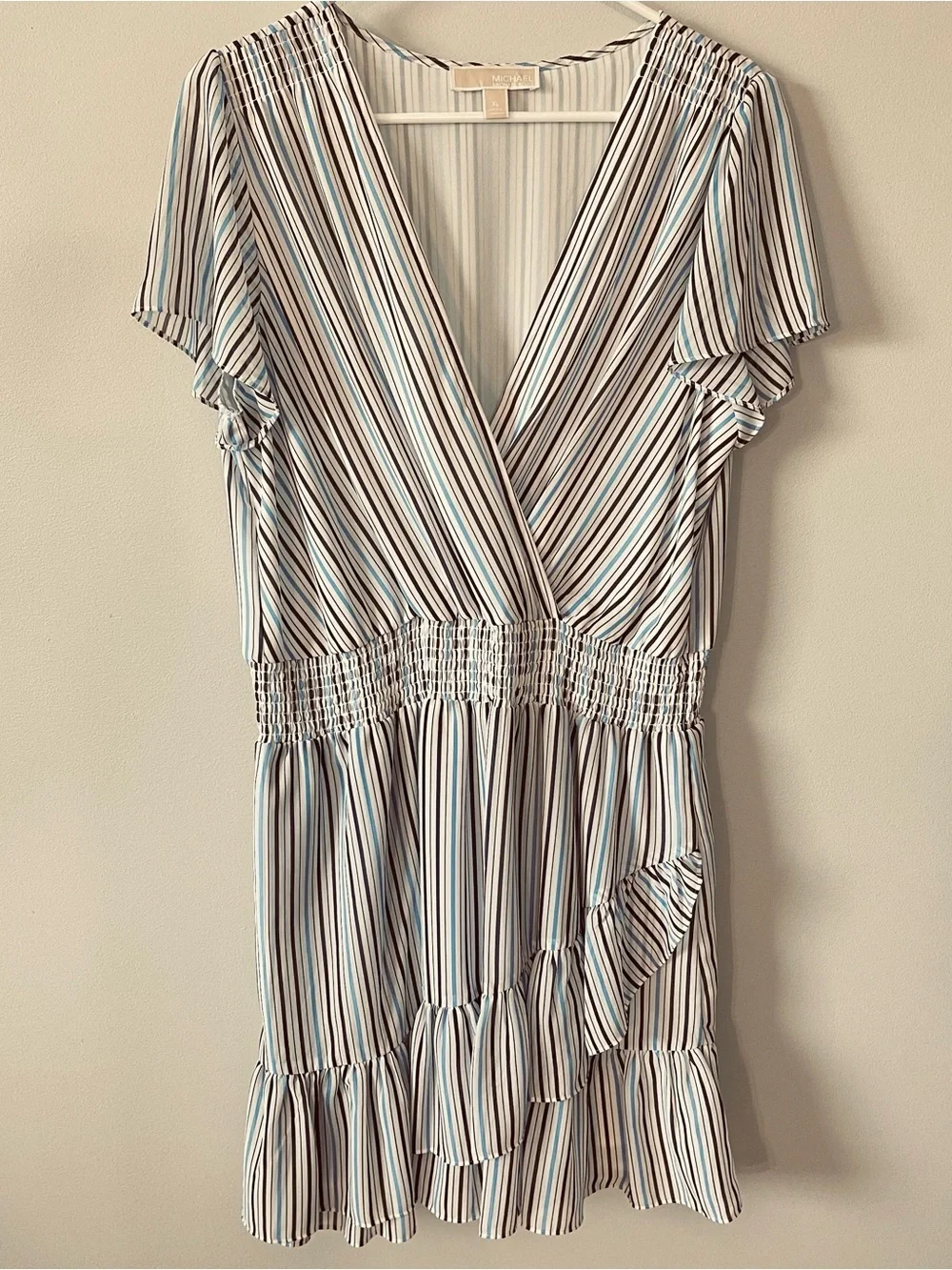 Michael Kors Smocked Wrap Dress Blue White Striped Size XL Flutter Sleeve Party